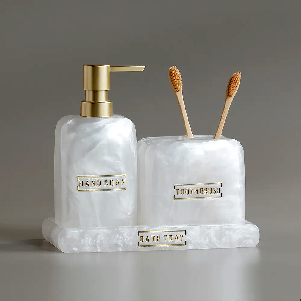 Lubath™ Pearlescent Soap Dispenser, Toothbrush Holder and Tray Set